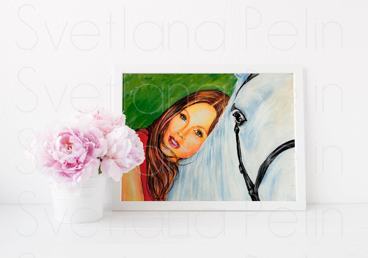 Julianne Moore, White Horse, ORIGINAL Gouache painting, Artwork by Svetlana Pelin