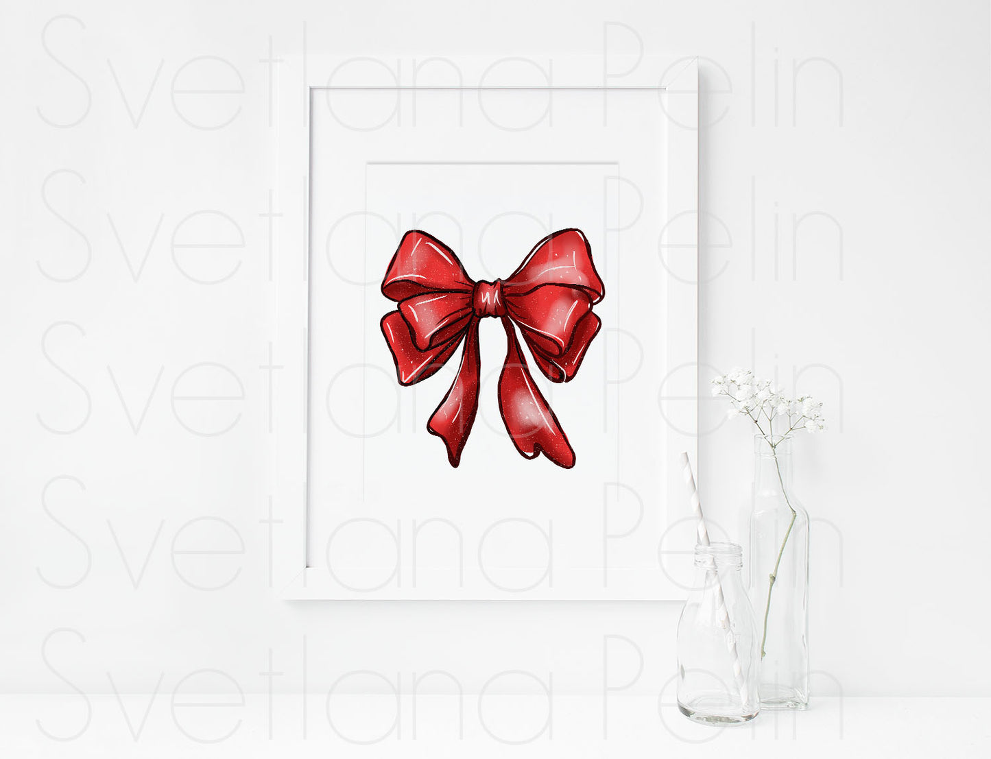 Christmas, Red Ribbon, ART PRINT Signed by Artist