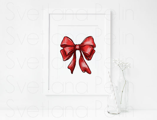 Christmas, Red Ribbon, ART PRINT Signed by Artist