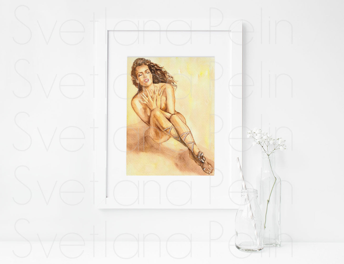 Yasmeen Ghauri, Beach, ORIGINAL Watercolor Painting, Artwork by Svetlana Pelin