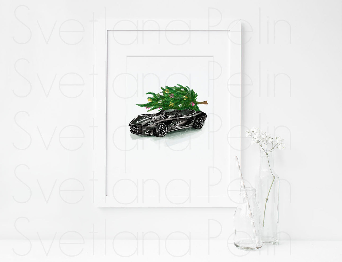 Christmas Tree, Luxury Car, ART PRINT Signed by Artist