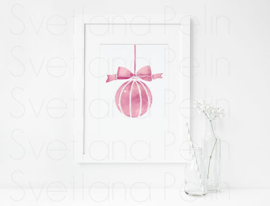 Christmas, Pink Ball Ornament, ART PRINT Signed by Artist