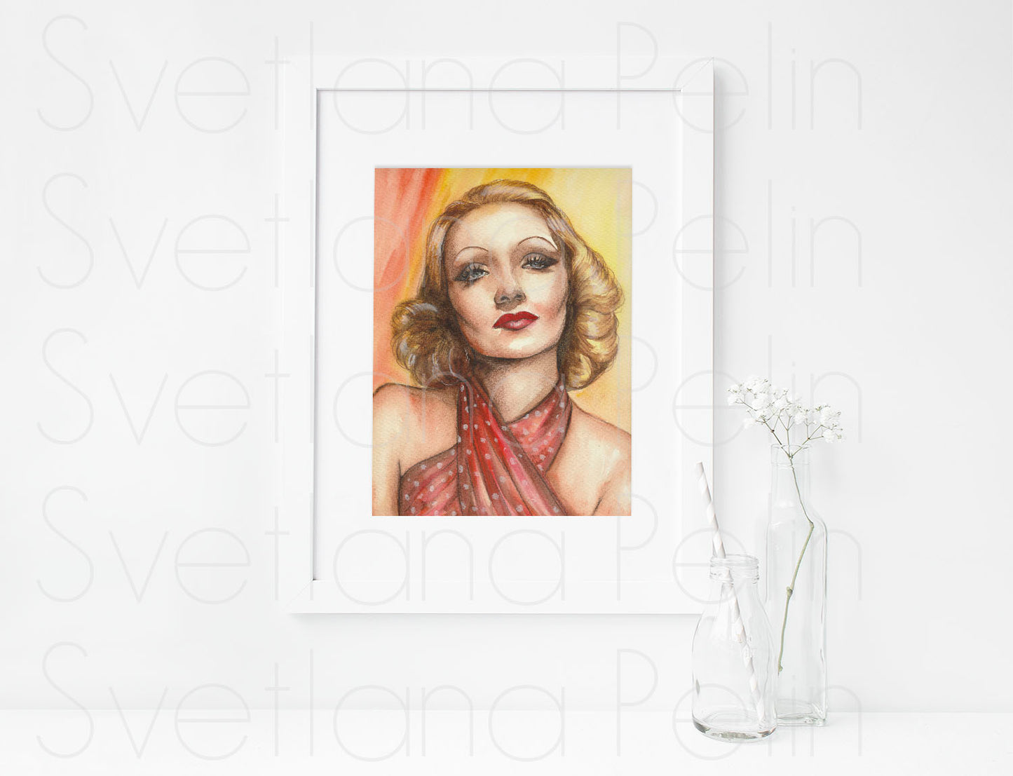 Marlene Dietrich, ORIGINAL Watercolor Painting, Artwork by Svetlana Pelin