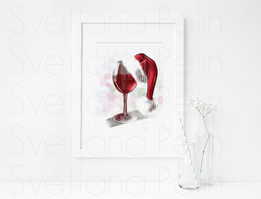 Christmas, Red Wine, Drinks, ART PRINT Signed by Artist