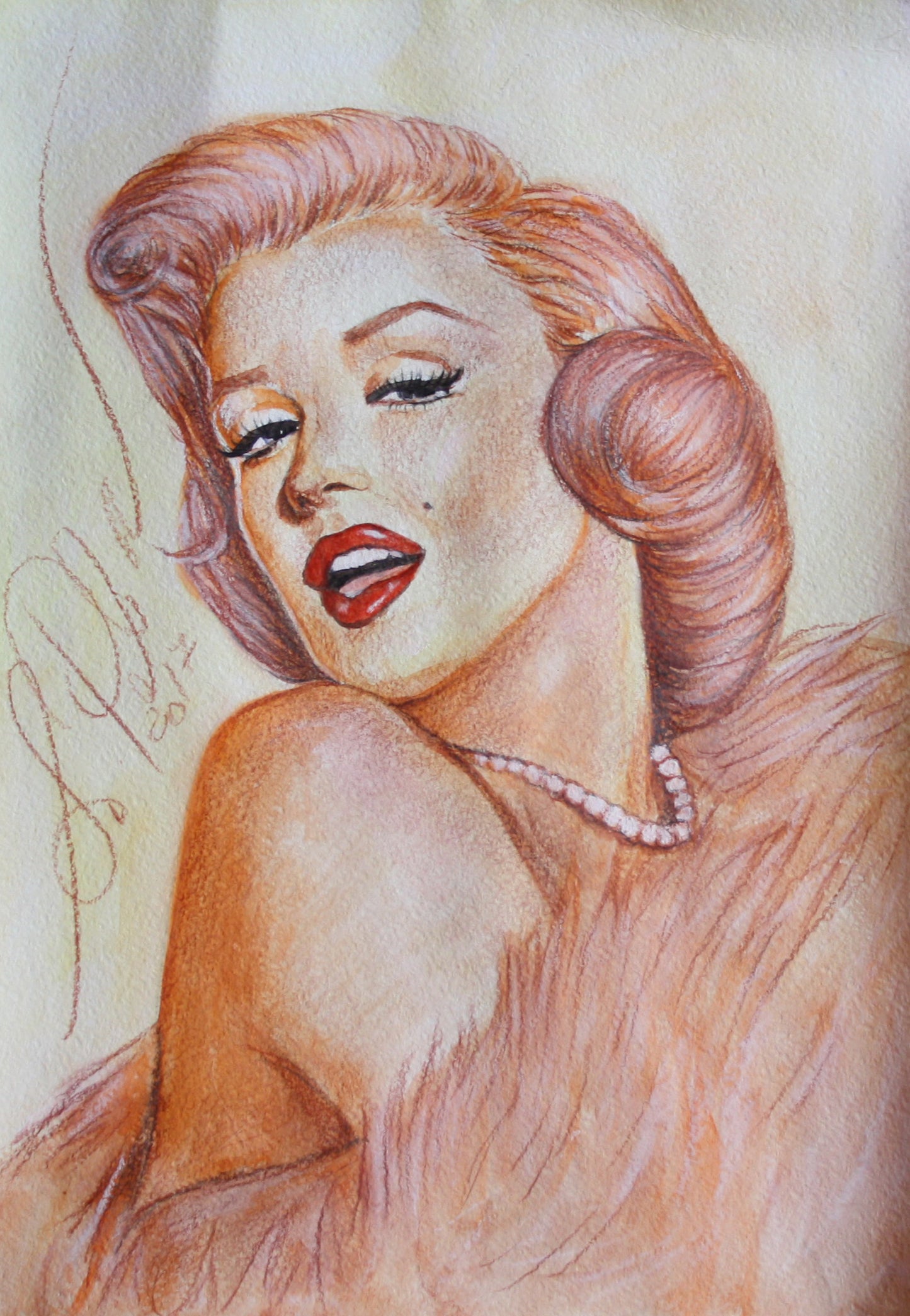 Marilyn Monroe, Gene Trindl, White Fur, ORIGINAL Watercolor pencils Drawing, Artwork by Svetlana Pelin