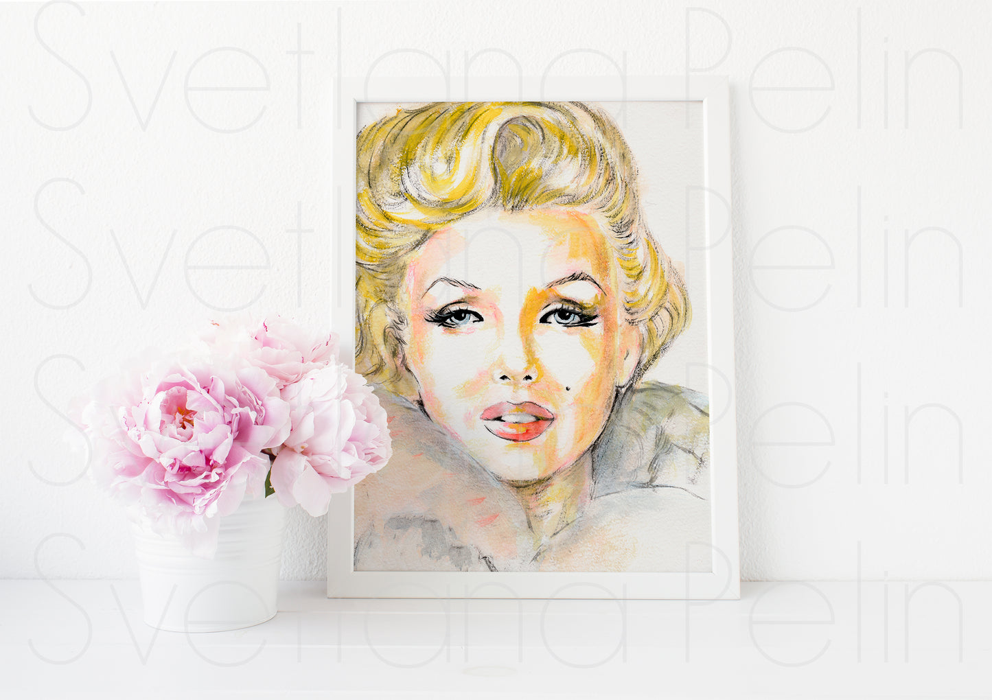 Marilyn Monroe, Milton Greene, White Fur, ORIGINAL Watercolor pencils Drawing, Artwork by Svetlana Pelin
