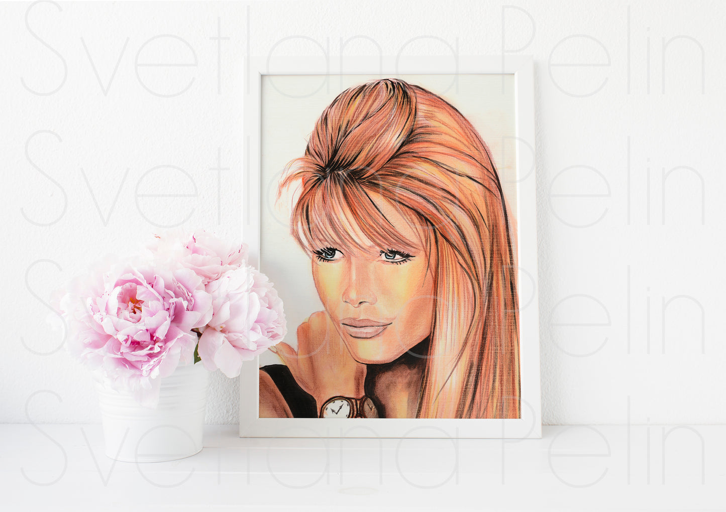Claudia Schiffer, Watch, ORIGINAL Watercolor Pencils, Artwork by Svetlana Pelin
