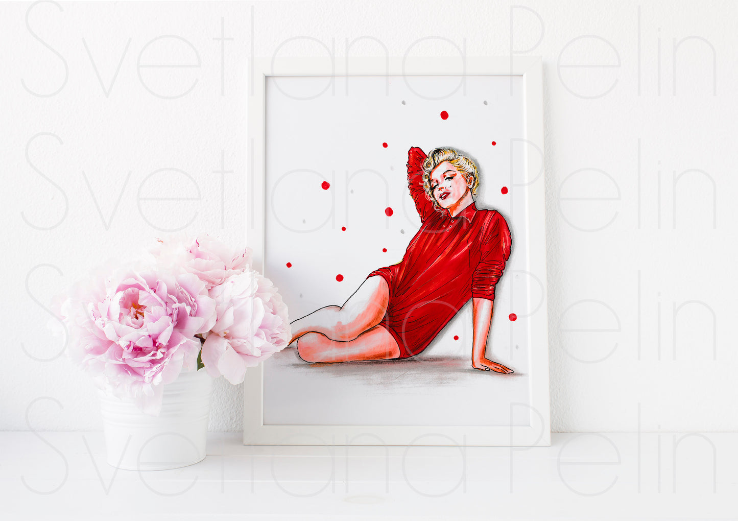 Marilyn Monroe, Milton Greene, Red sweater, ORIGINAL Marker drawing, Artwork by Svetlana Pelin