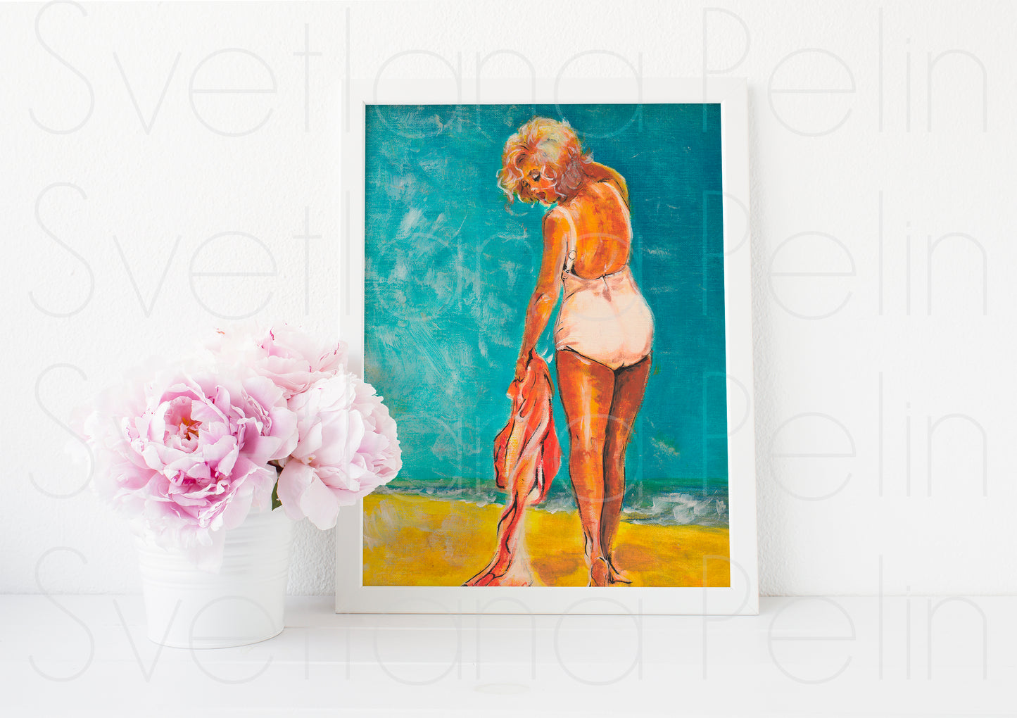 Marilyn Monroe, White Bathing Suit, Sam Shaw, ORIGINAL Oil painting, Artwork by Svetlana Pelin