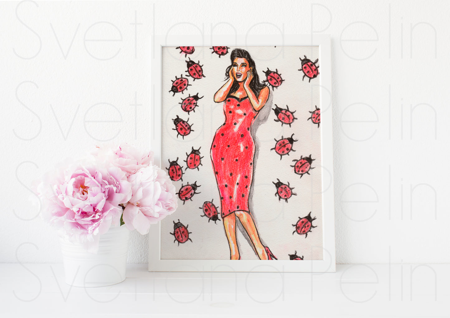 Dita Von Teese, Polka dots dress, Lady bugs, ORIGINAL Watercolor pencils drawing, Artwork by Svetlana Pelin