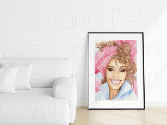 Whitney Houston, ORIGINAL Watercolour Painting, Artwork by Svetlana Pelin
