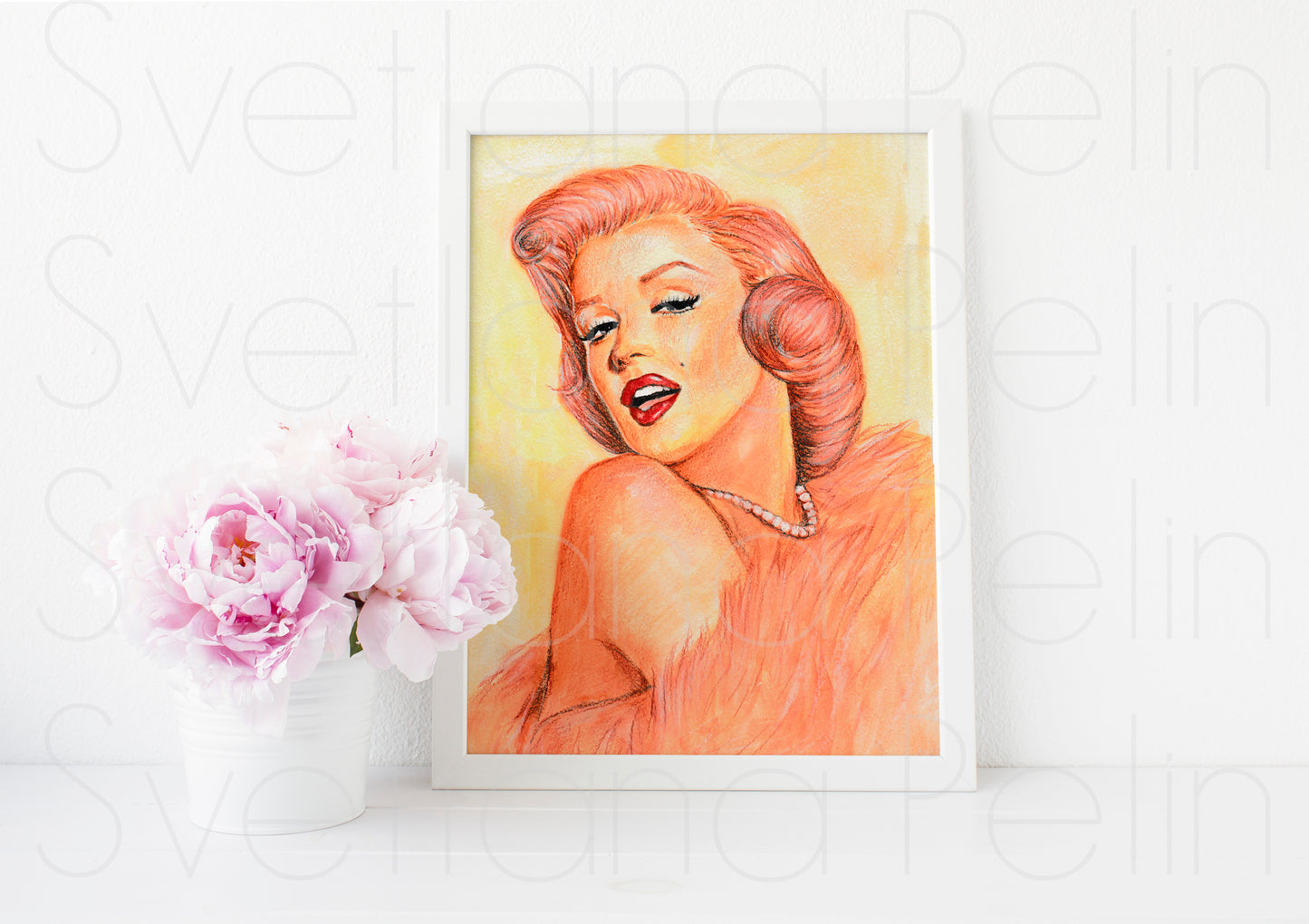 Marilyn Monroe, Gene Trindl, White Fur, ORIGINAL Watercolor pencils Drawing, Artwork by Svetlana Pelin