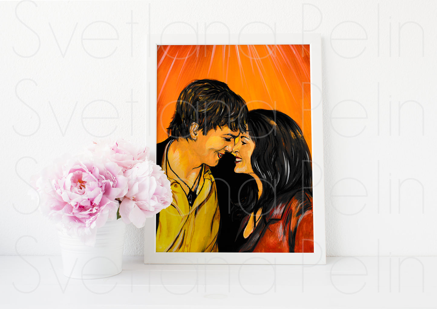 Demi Moore and Ashton Kutcher, ORIGINAL Gouache Painting, Artwork by Svetlana Pelin