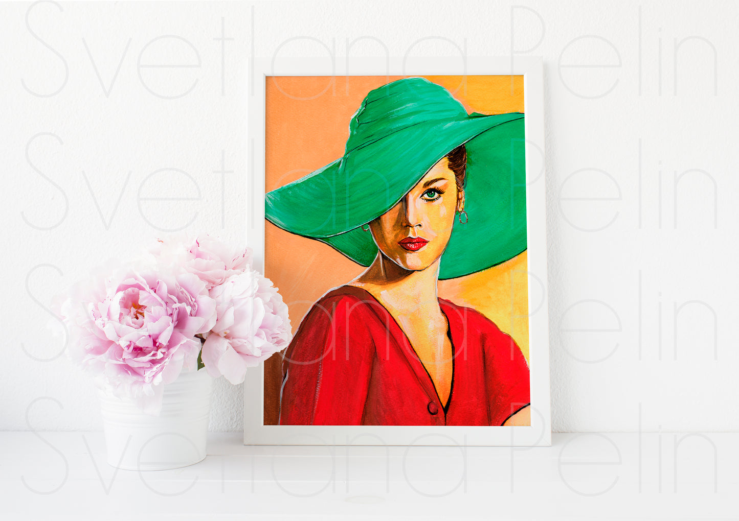 Jane Fonda, Hat, ORIGINAL Gouache painting, Artwork by Svetlana Pelin