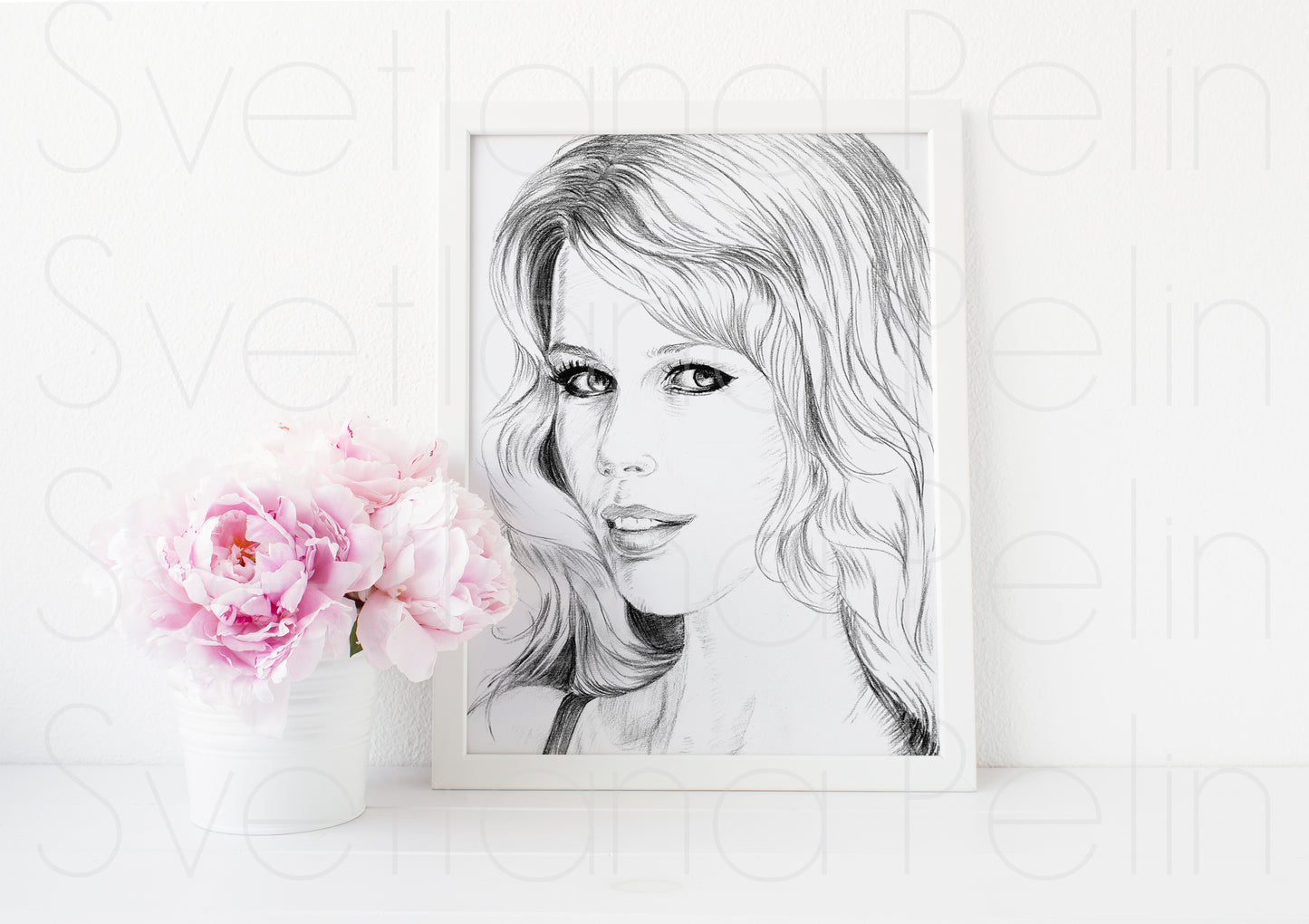 Claudia Schiffer, Black and White, ORIGINAL Sepia drawing, Artwork by Svetlana Pelin