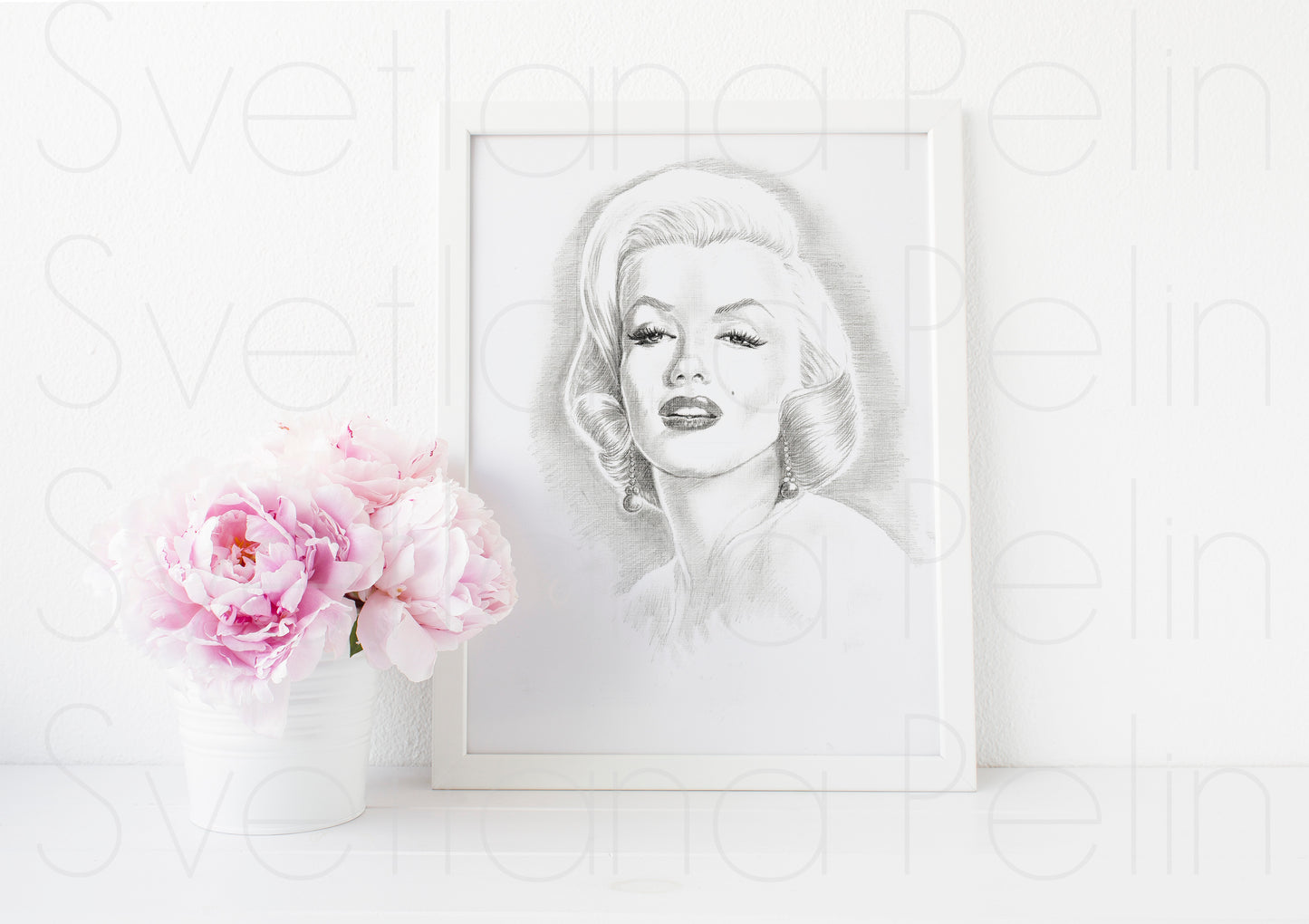 Marilyn Monroe, Frank Powolny, White Fur, ORIGINAL Pencil Drawing, Artwork by Svetlana Pelin