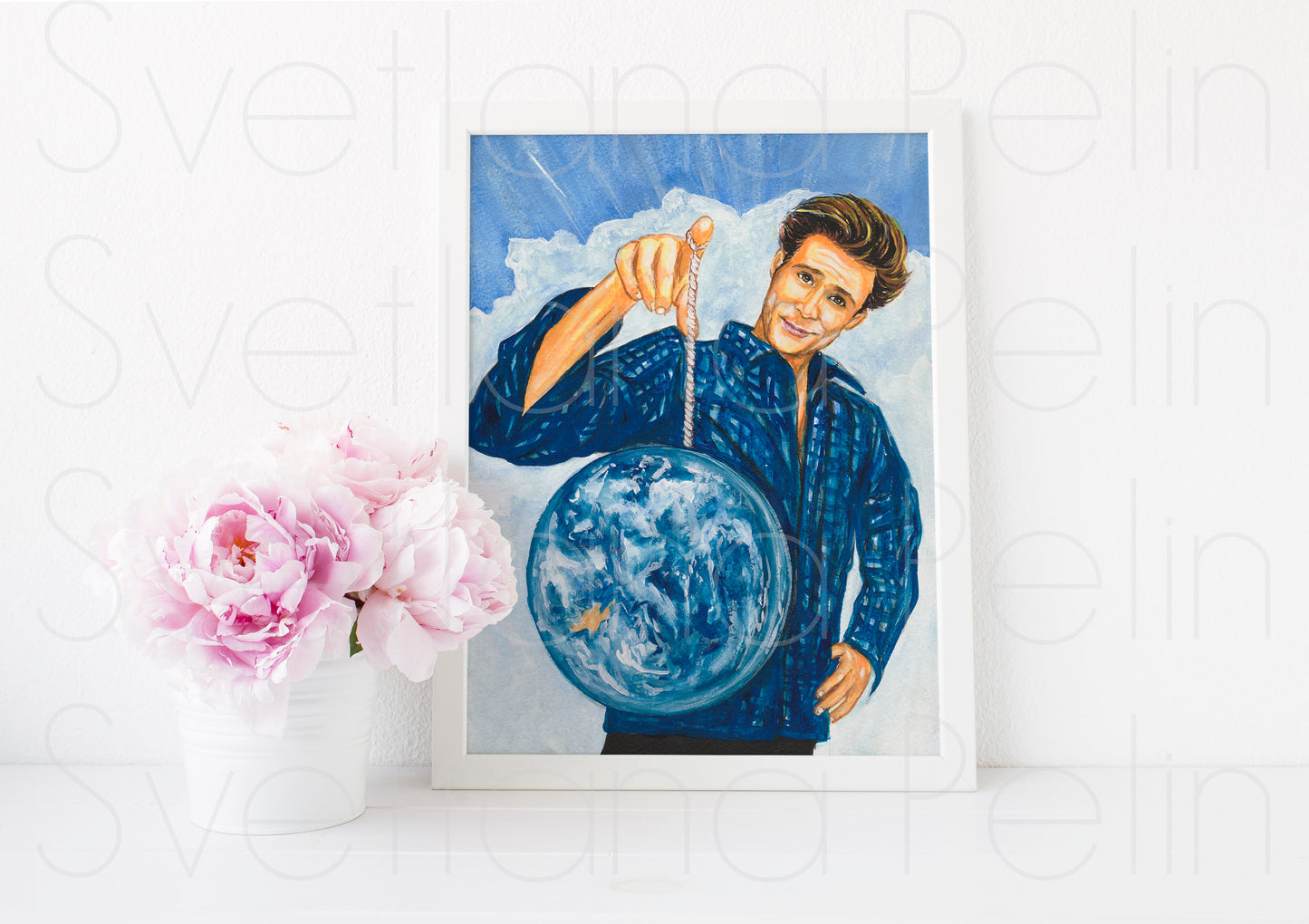 Jim Carrey, Bruce Almighty, ORIGINAL Gouache painting, Artwork by Svetlana Pelin