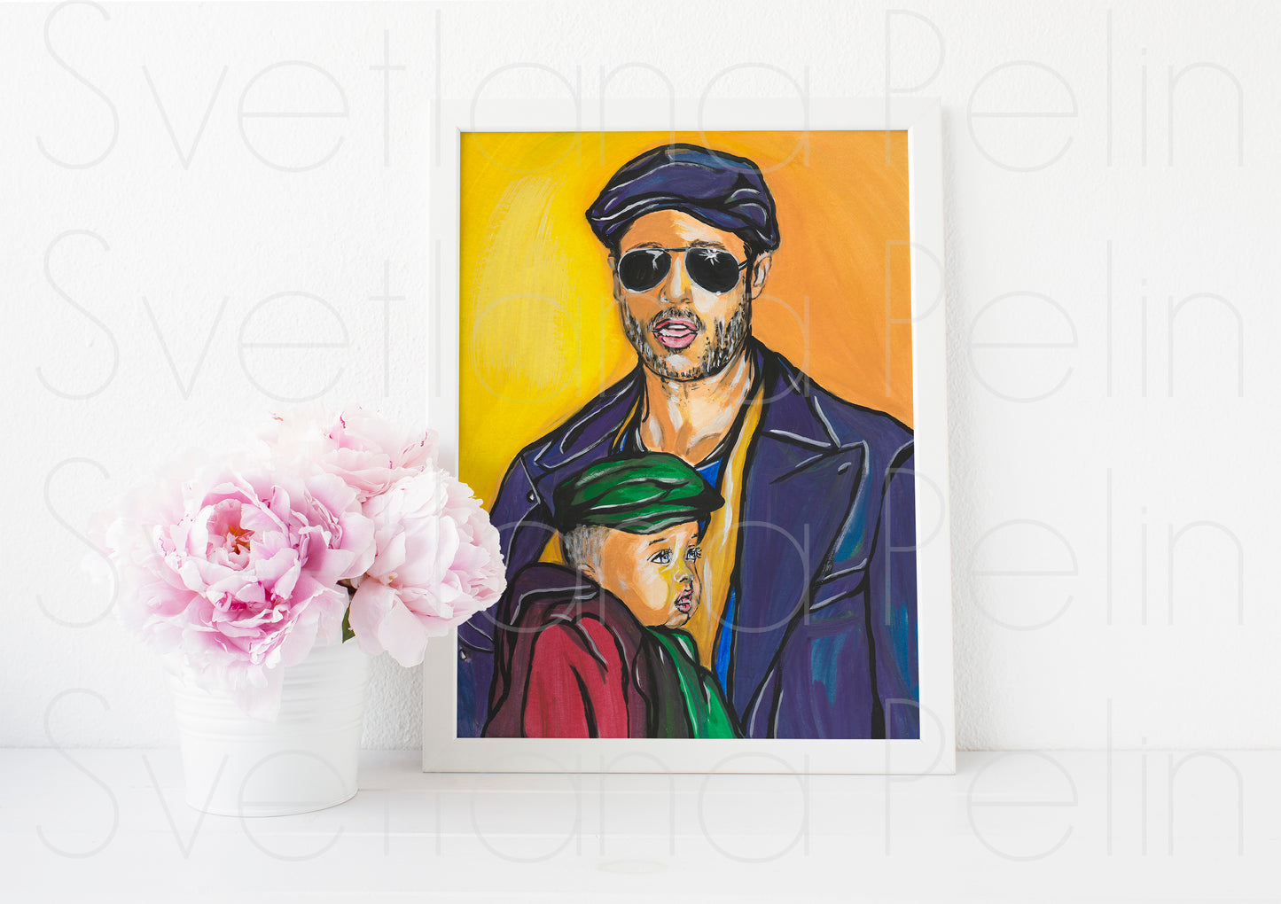 Brad Pitt, Dad, Father, Son, ORIGINAL Gouache Painting, Artwork by Svetlana Pelin