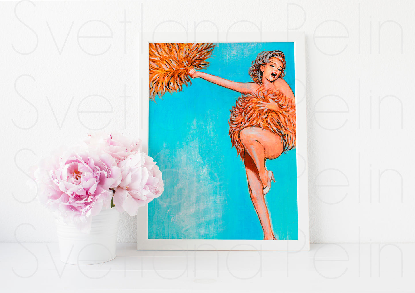 Marilyn Monroe, Ostrich Feathers, Richard Avedon, ORIGINAL Watercolor pencils Drawing, Artwork by Svetlana Pelin