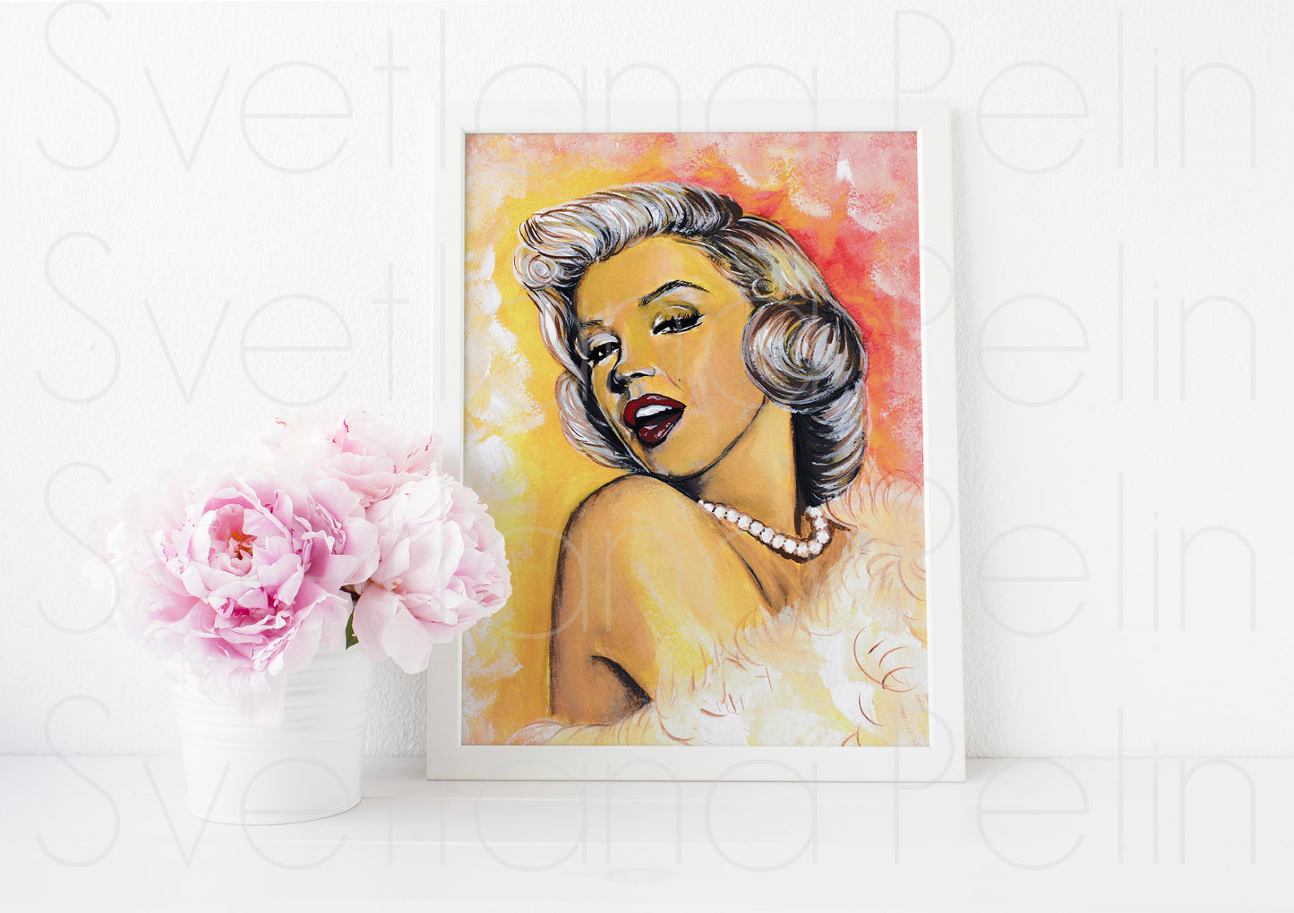 Marilyn Monroe, White fur, Gene Trindl, ORIGINAL Gouache painting, Artwork by Svetlana Pelin