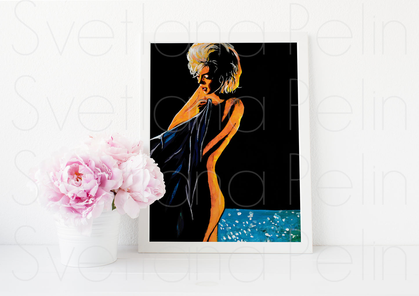Marilyn Monroe, Something's Got to Give, Pool, Blue robe, SGTG, ORIGINAL Acrylic painting, Artwork by Svetlana Pelin