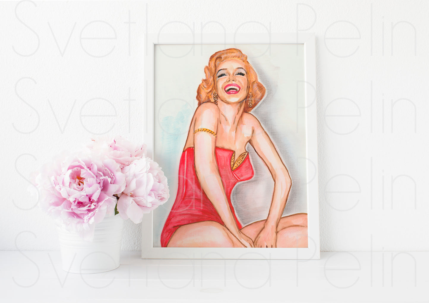 Marilyn Monroe, Red swimsuit, How to Marry a Millionaire, HTMM, ORIGINAL Watercolor pencils Drawing, Artwork by Svetlana Pelin