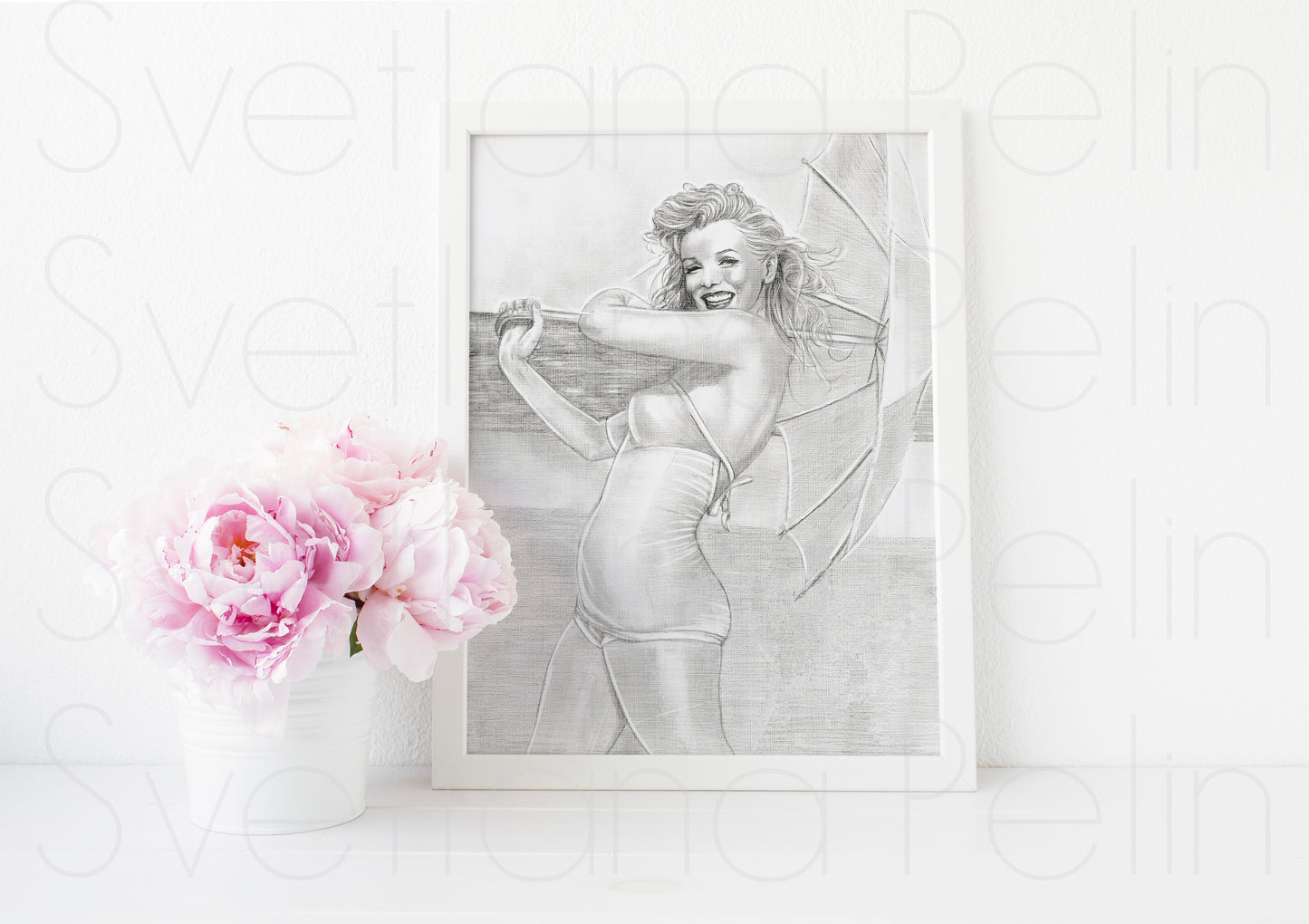 White Umbrella, André de Dienes, ORIGINAL Pencil Drawing, Artwork by Svetlana Pelin