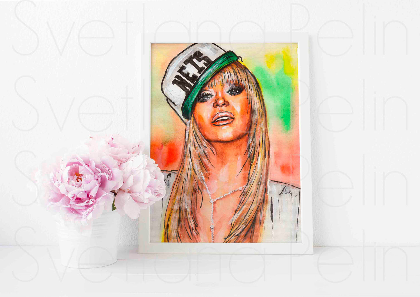 Beyonce Knowles, Baseball cap, ORIGINAL Watercolor Painting, Artwork by Svetlana Pelin