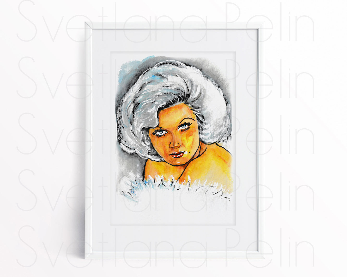 Jean Harlow, White Fur, ORIGINAL Watercolor Painting, Artwork by Svetlana Pelin