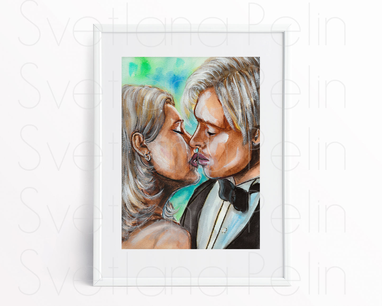 Claire Forlani, Brad Pitt, ORIGINAL Watercolor Painting, Artwork by Svetlana Pelin