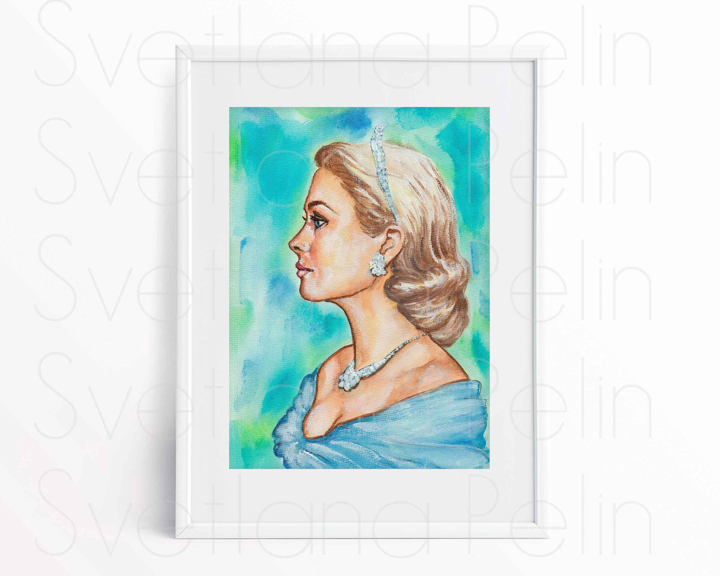 Grace Kelly, Tiara, ORIGINAL Watercolor Painting, Artwork by Svetlana Pelin