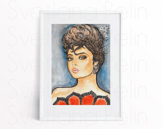 Rekha, Bhanurekha Ganesan,  ORIGINAL Watercolor Painting, Artwork by Svetlana Pelin