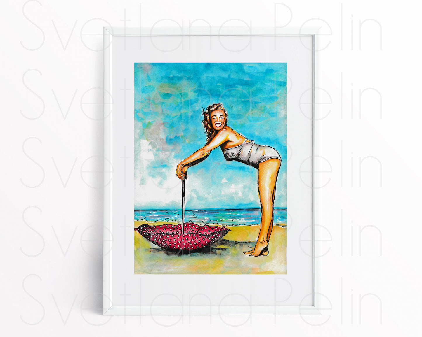 Marilyn Monroe, Polka Dot Umbrella, André de Dienes, ORIGINAL Watercolor Painting, Artwork by Svetlana Pelin
