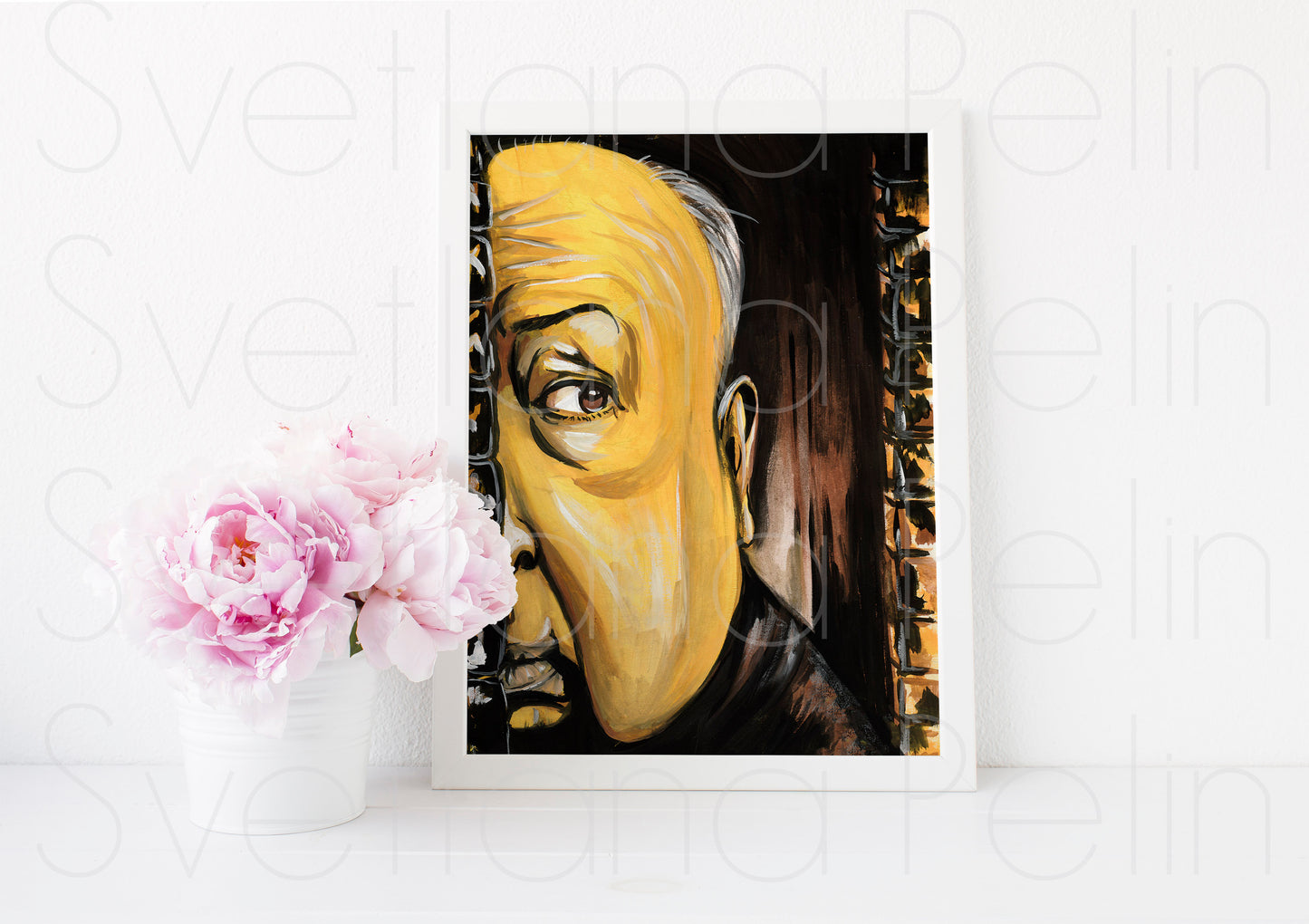 Alfred Hitchcock, ORIGINAL Gouache painting, Artwork by Svetlana Pelin
