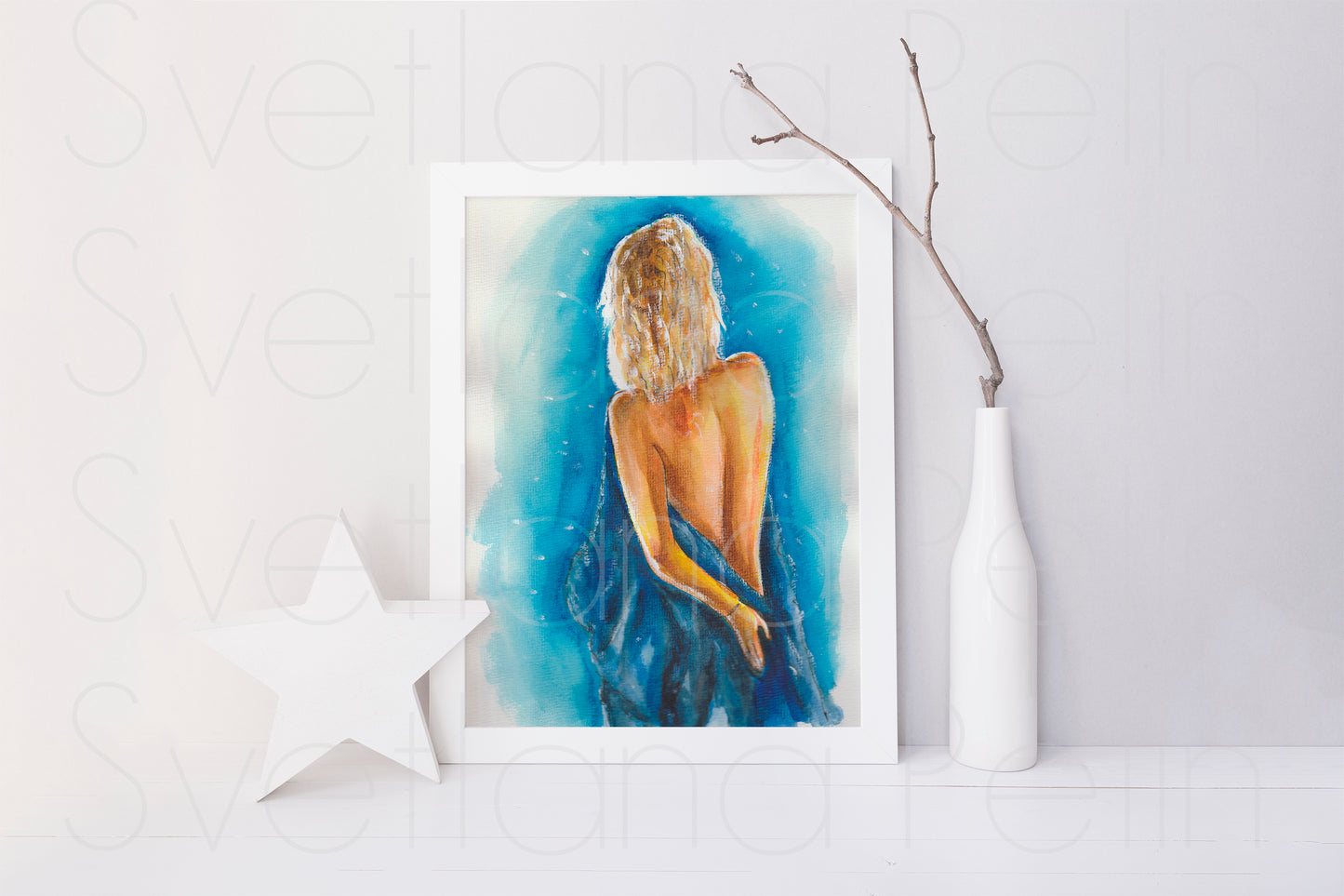 Marilyn Monroe, Something's Got to Give, Blue Robe, ORIGINAL Watercolor Painting, Artwork by Svetlana Pelin