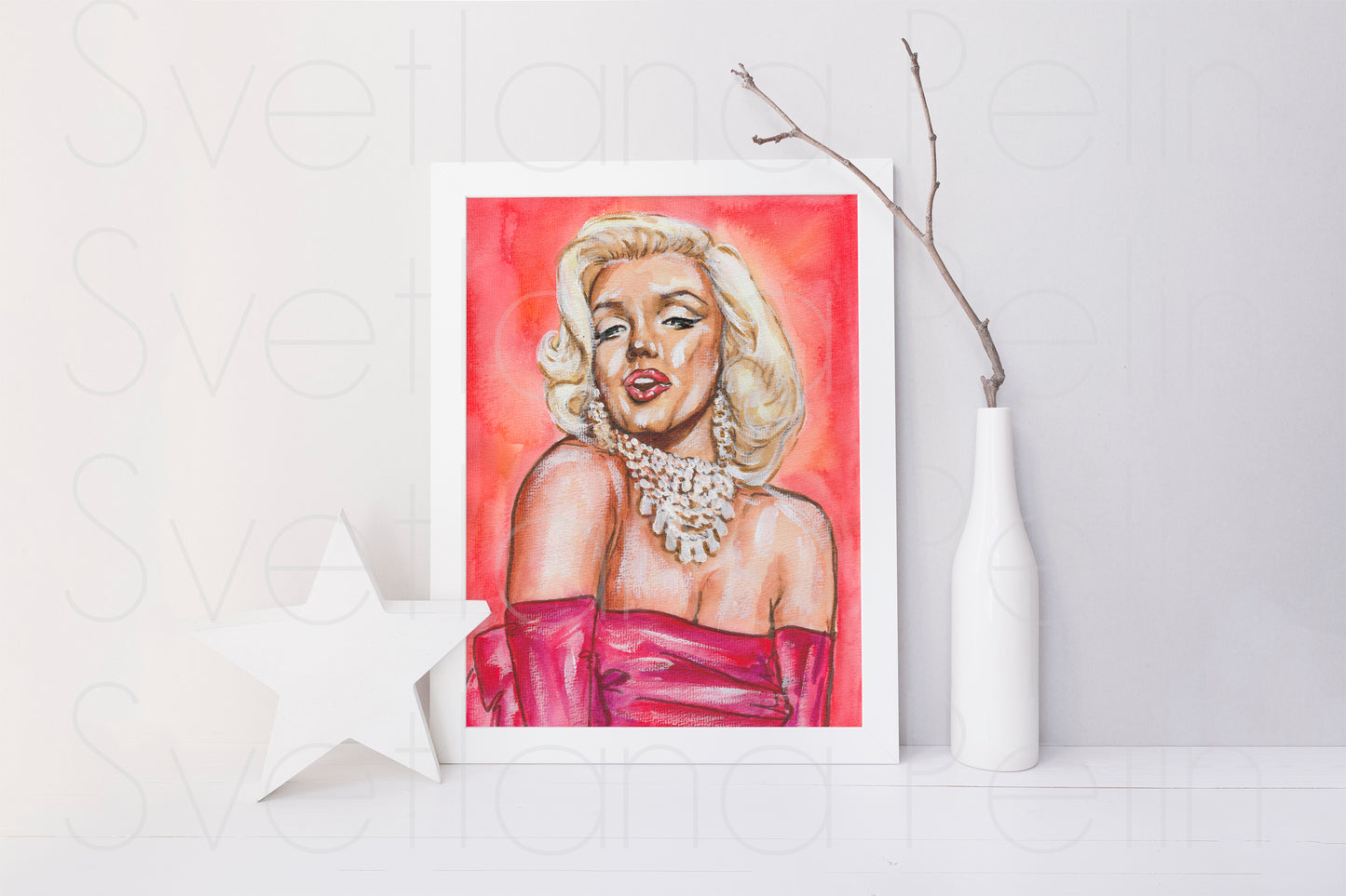 Marilyn Monroe, Gentlemen Prefer Blondes, , Pink dress, ORIGINAL Watercolor Painting, Artwork by Svetlana Pelin