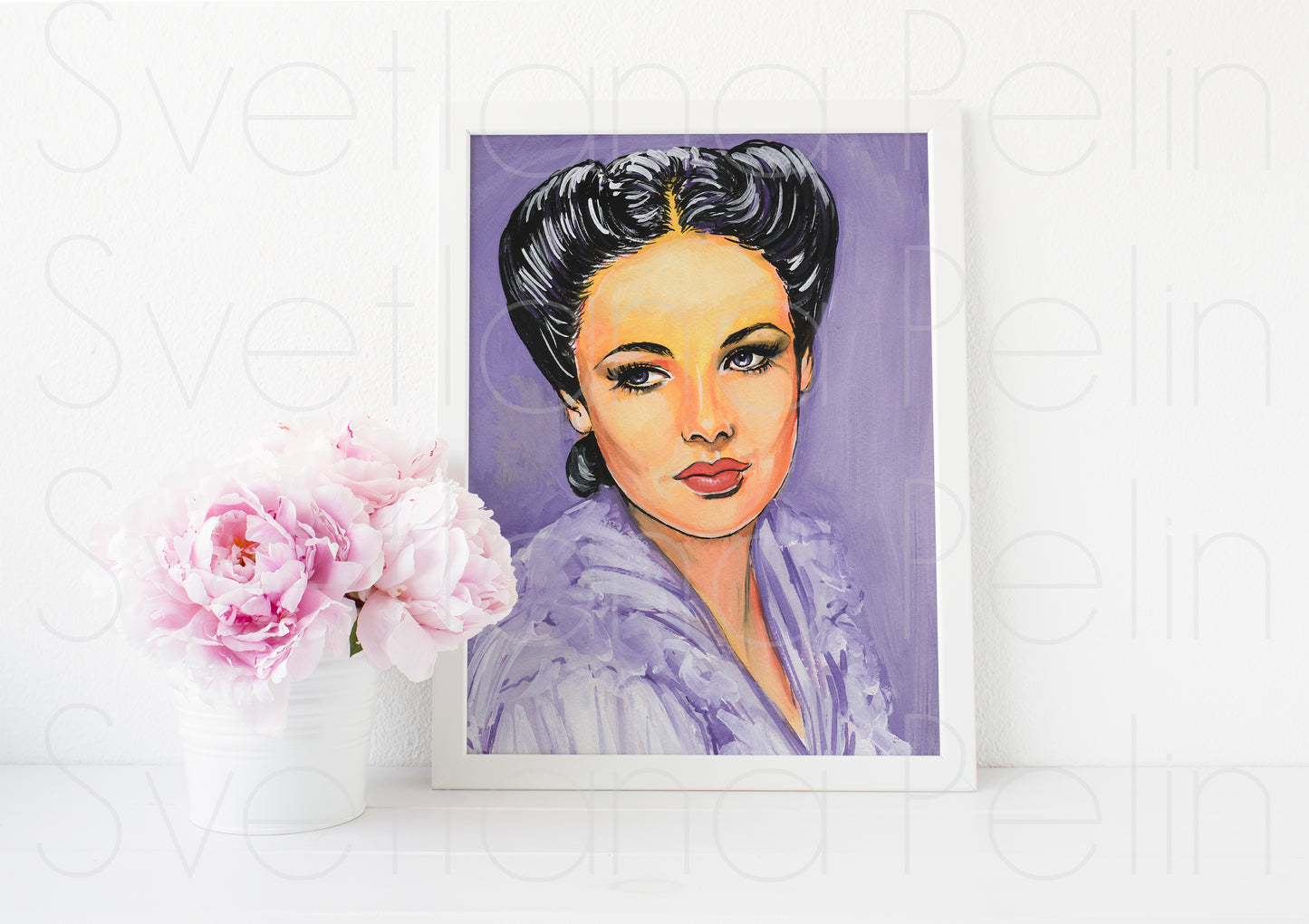 Gene Tierney, ORIGINAL Gouache painting, Artwork by Svetlana Pelin