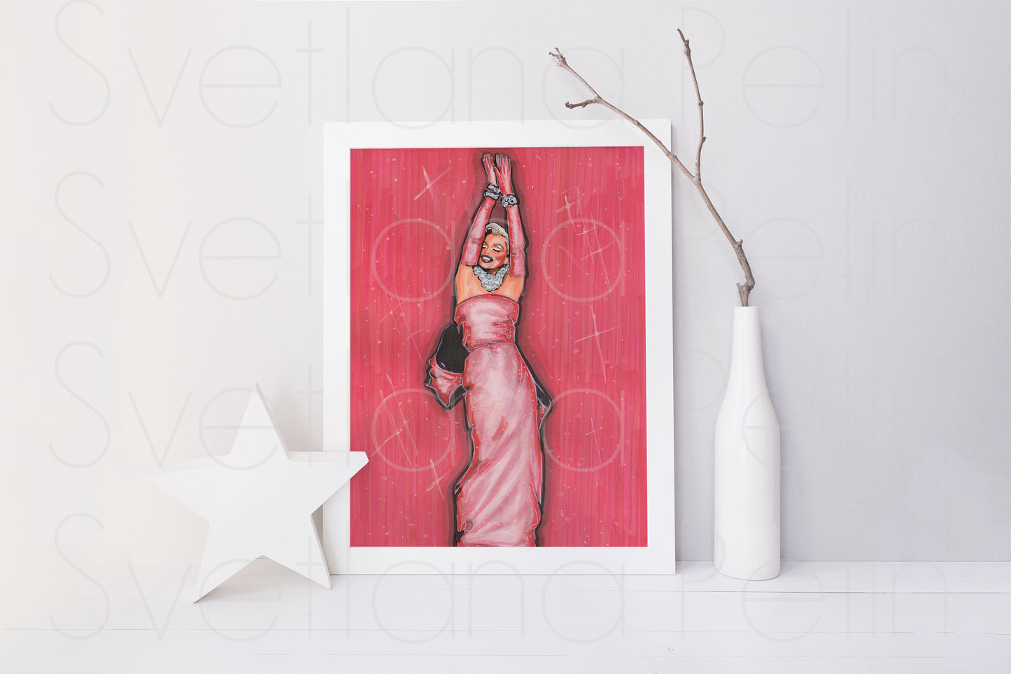 Marilyn Monroe, Pink dress, Gentlemen Prefer Blondes, GPB, ORIGINAL Marker drawing, Artwork by Svetlana Pelin