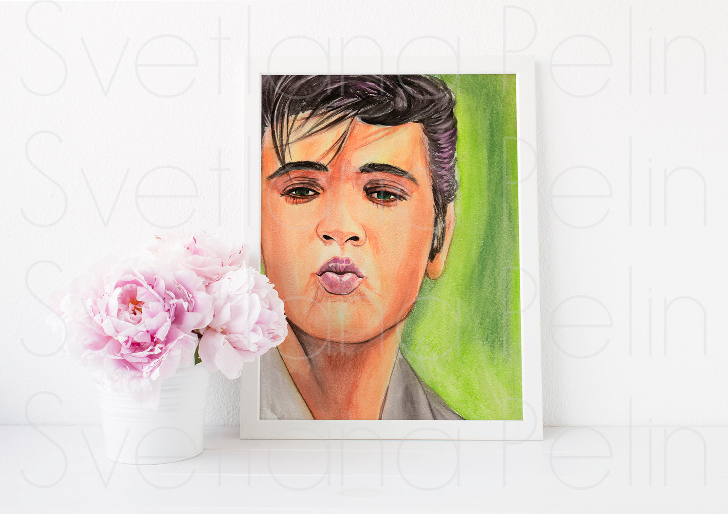 Elvis Presley, Kiss, ORIGINAL Watercolor pencils drawing, Artwork by Svetlana Pelin