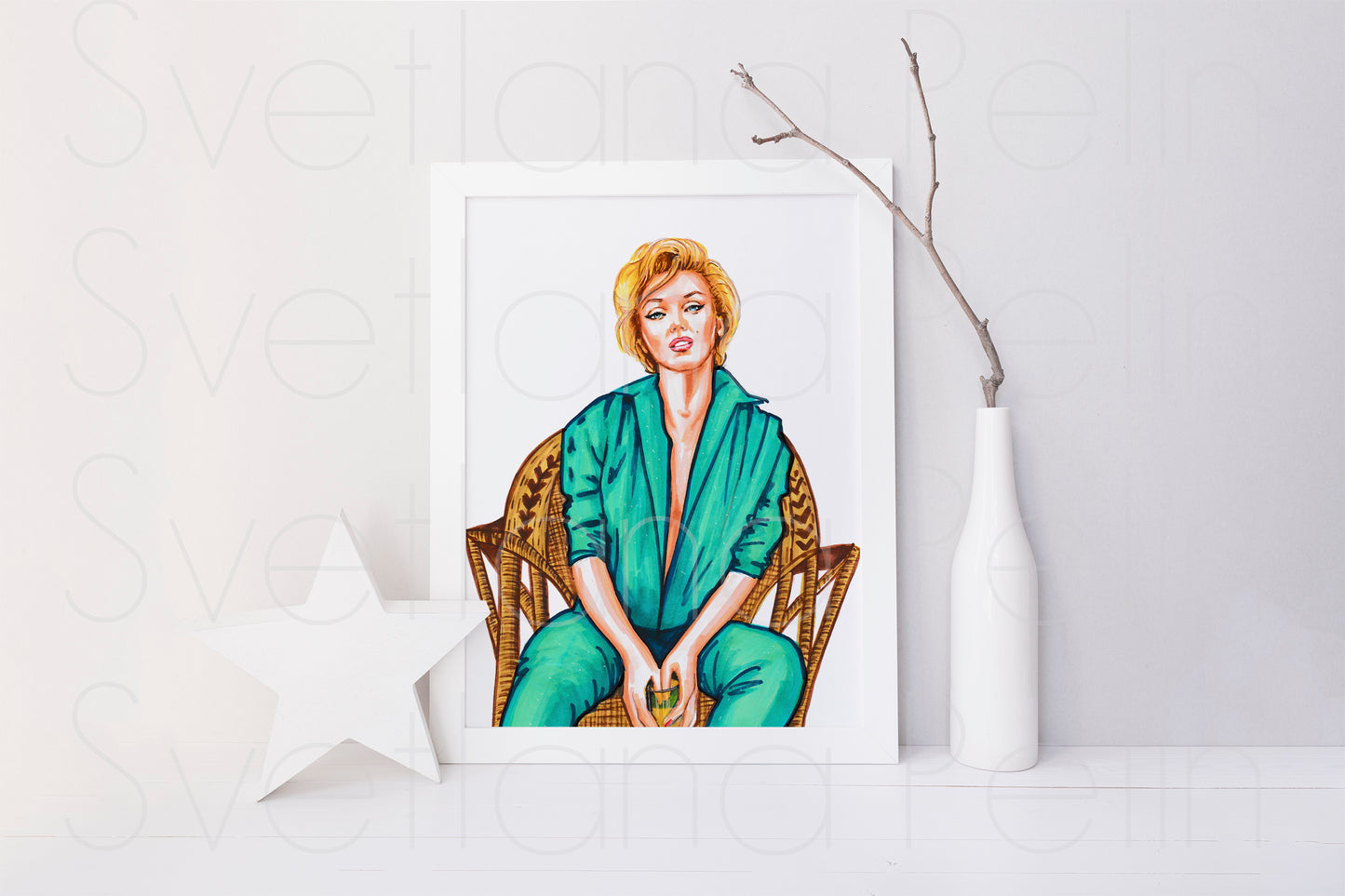 Marilyn Monroe, Milton Greene, Blue, Wicker sitting, ORIGINAL Marker drawing, Artwork by Svetlana Pelin