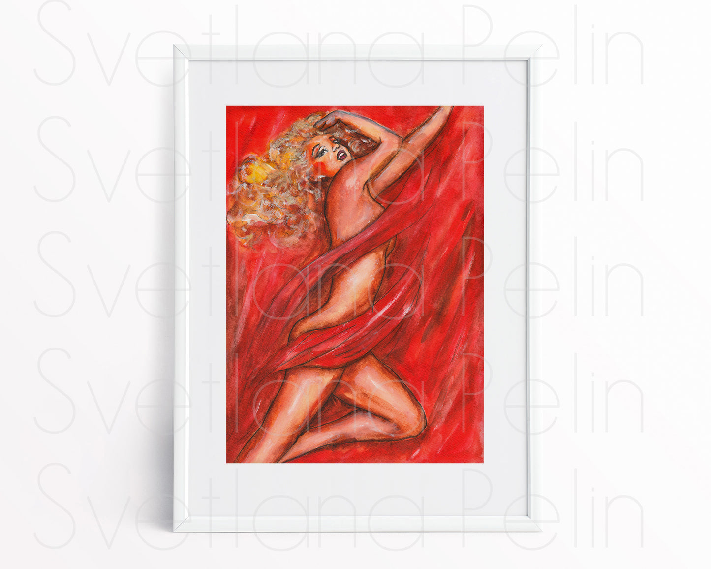 Marilyn Monroe, Red velvet, Tom Kelley, ORIGINAL Watercolor Painting, Artwork by Svetlana Pelin