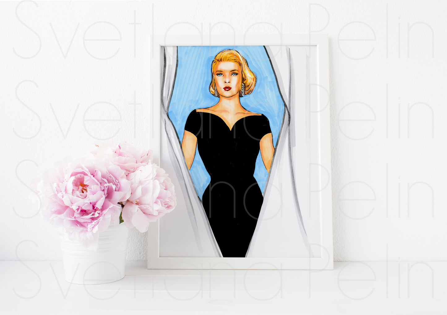 Grace Kelly, Rear Window, Curtains, ORIGINAL Marker drawing, Artwork by Svetlana Pelin
