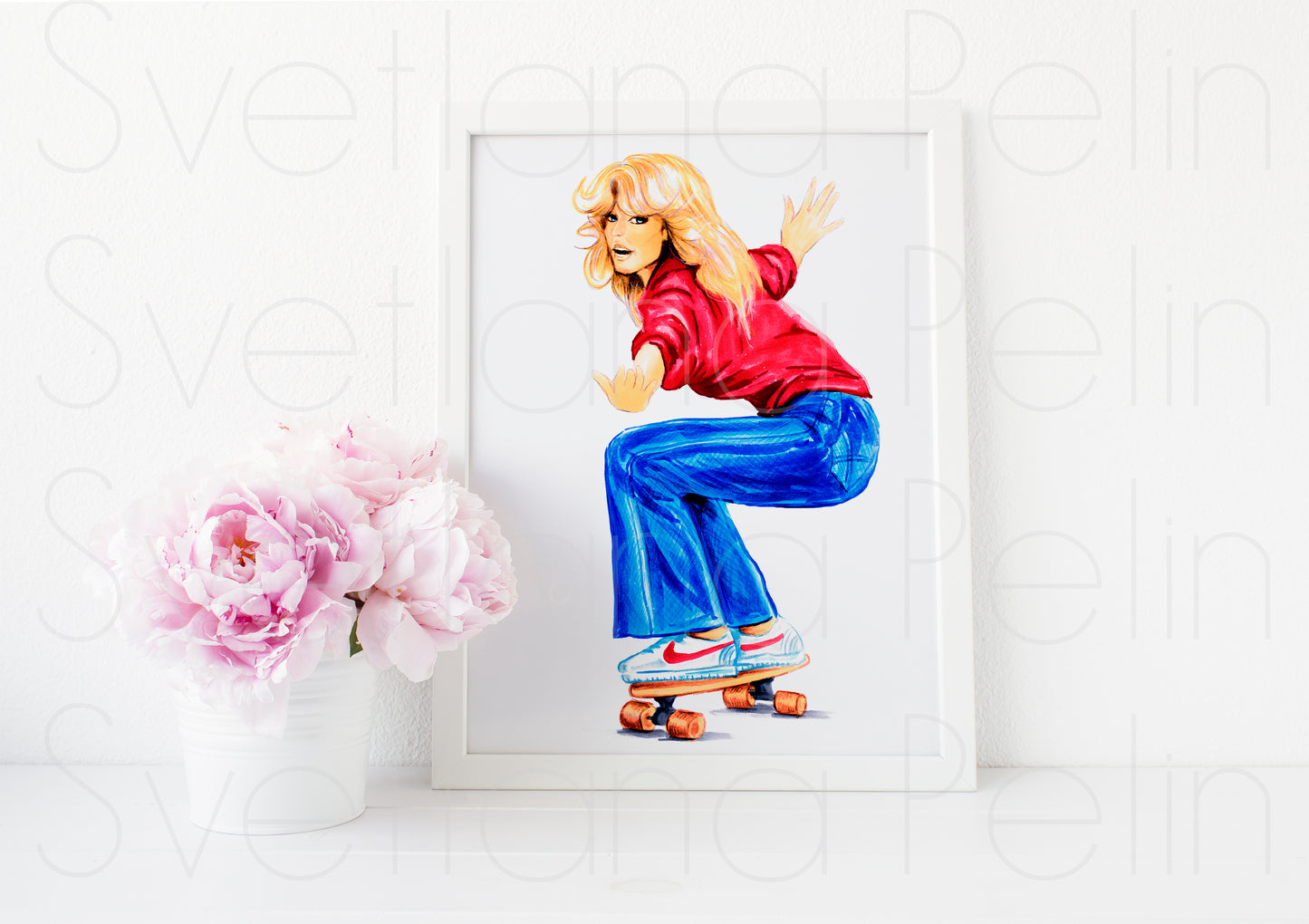 Farrah Fawcett, Skateboarding, ORIGINAL Marker drawing, Artwork by Svetlana Pelin
