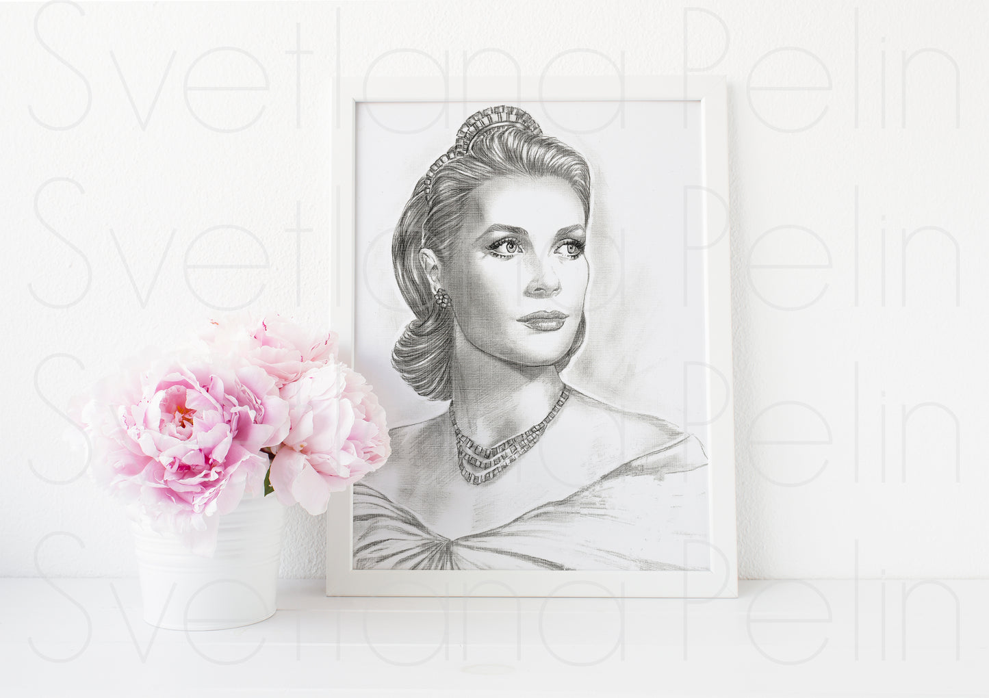 Grace Kelly, Tiara, ORIGINAL Pencil Drawing, Artwork by Svetlana Pelin