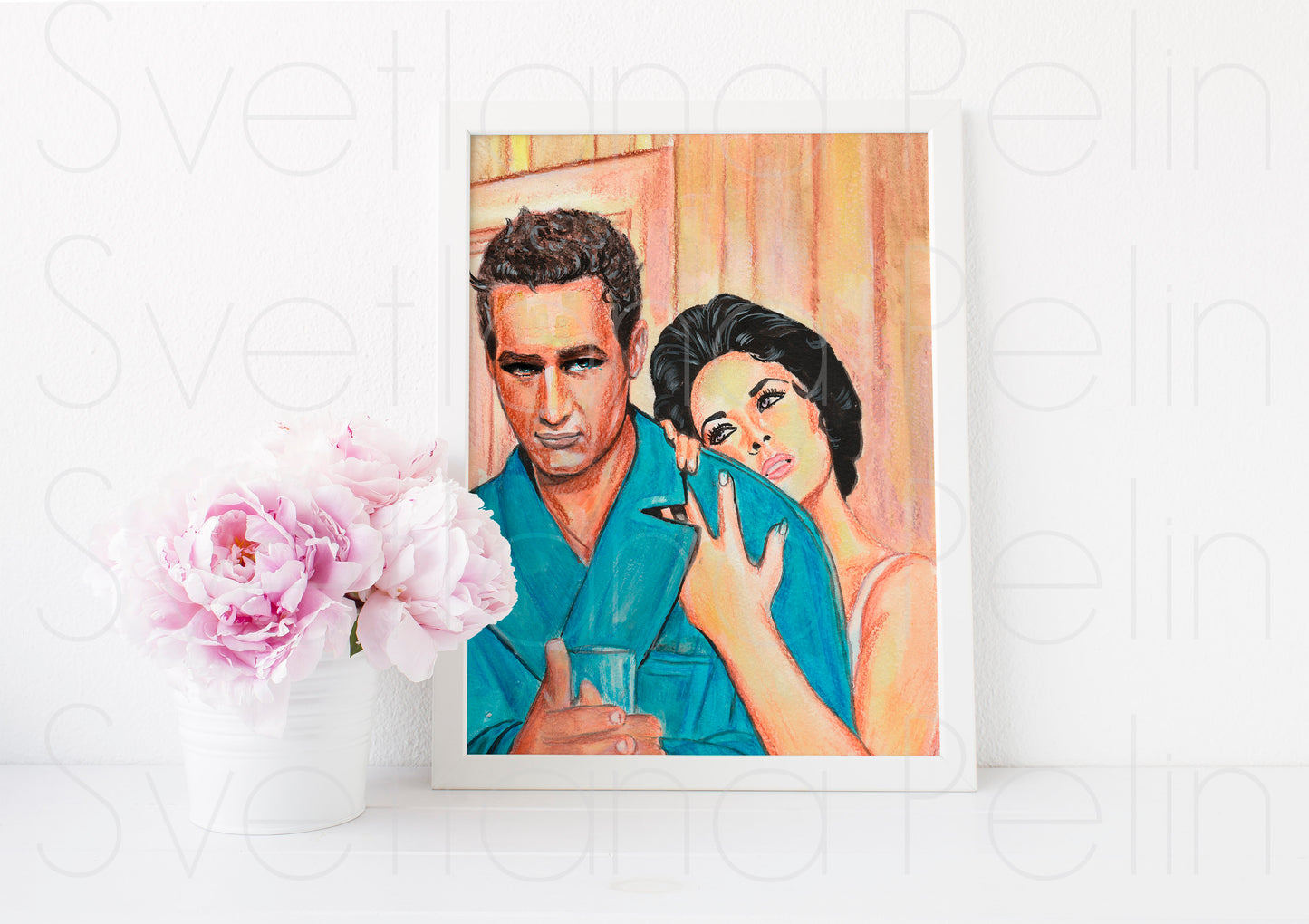 Elizabeth Taylor, Paul Newman, Cat on a Hot Tin Roof, ORIGINAL Watercolor pencils drawing, Artwork by Svetlana Pelin