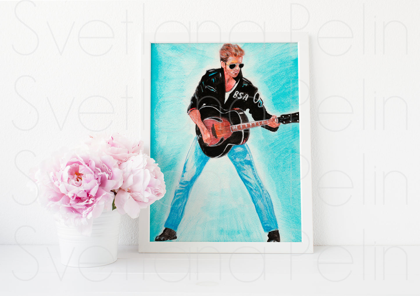 George Michael, GM, ORIGINAL Watercolor pencils drawing, Artwork by Svetlana Pelin