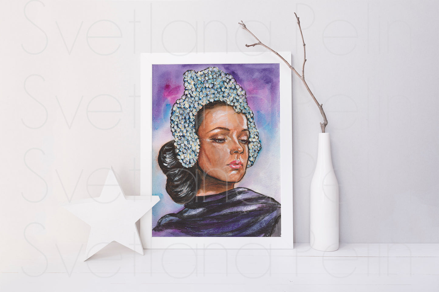 Gene Tierney, Tiara, ORIGINAL Watercolor Painting, Artwork by Svetlana Pelin