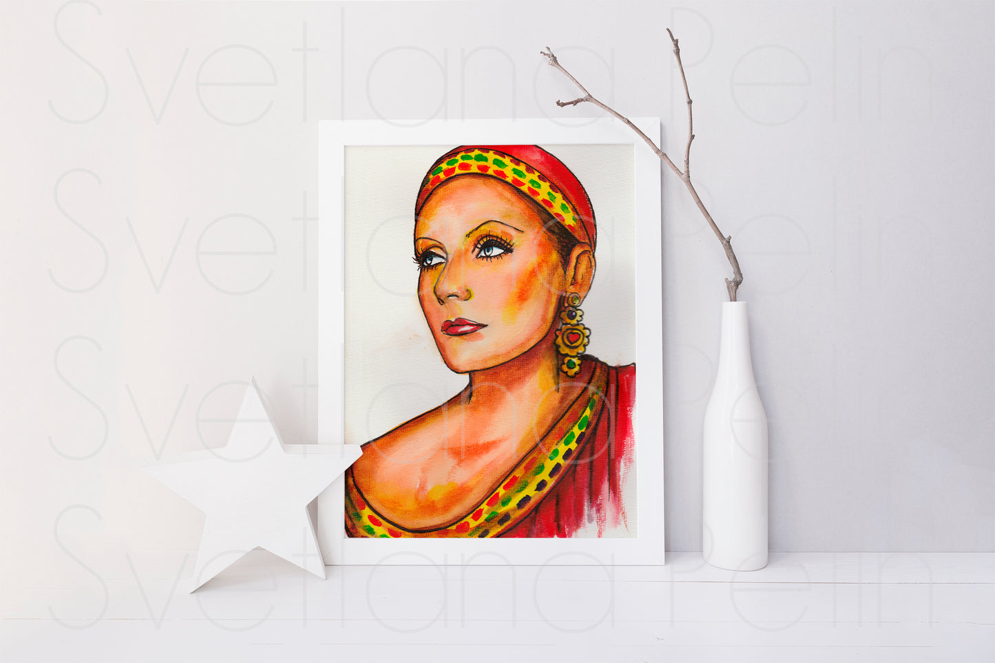 Greta Garbo, Mata Hari,, ORIGINAL Watercolor Painting, Artwork by Svetlana Pelin