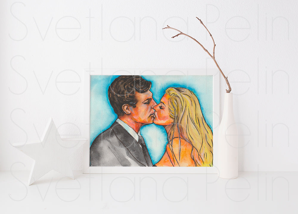 Anita Ekberg, Marcello Mastroianni, La Dolce Vita, ORIGINAL Watercolor Painting, Artwork by Svetlana Pelin