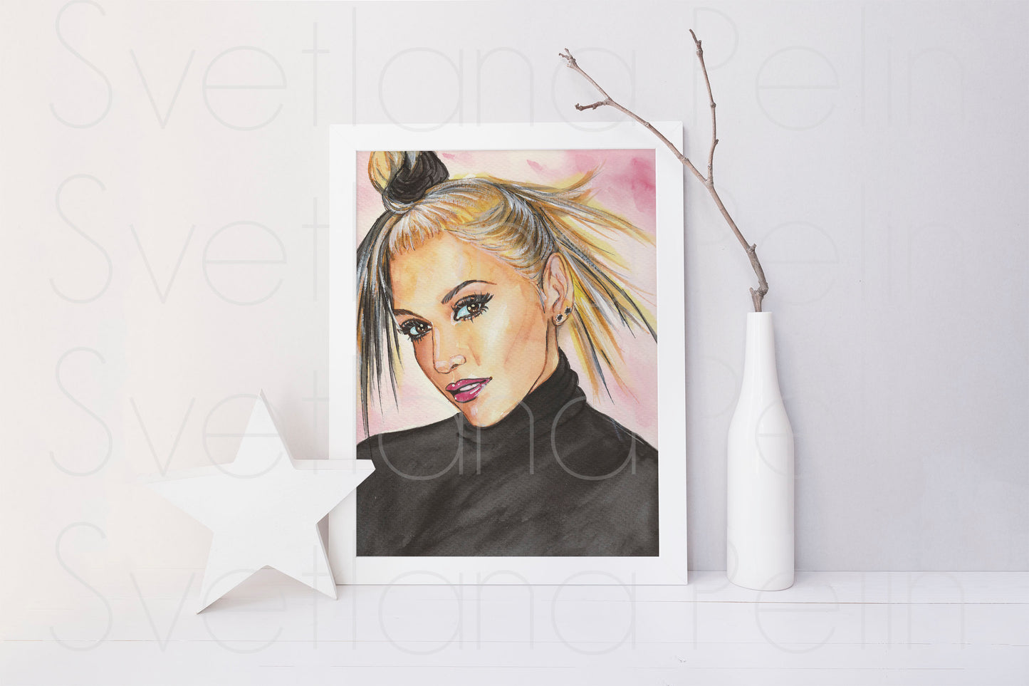 Gwen Stefani, Black turtleneck, ORIGINAL Watercolor Painting, Artwork by Svetlana Pelin
